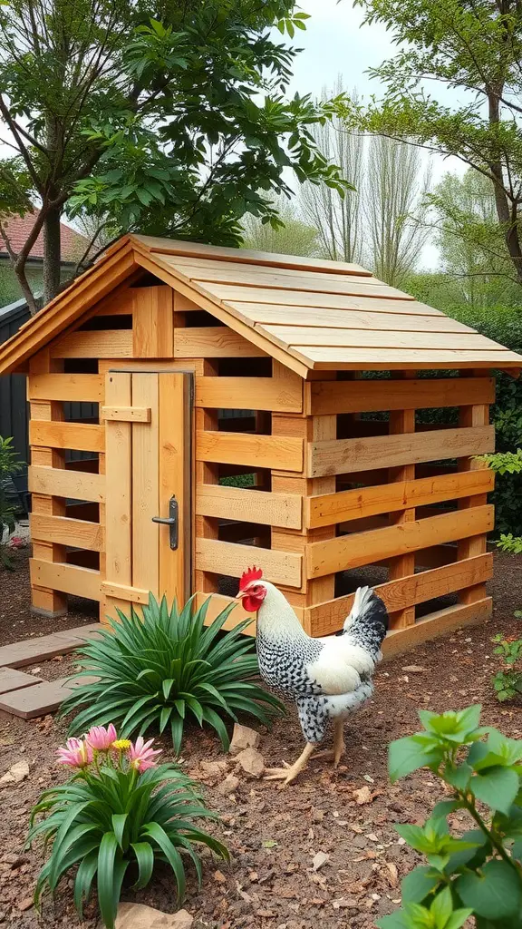 Eco-friendly chicken coop made from pallets with a rooster in front.