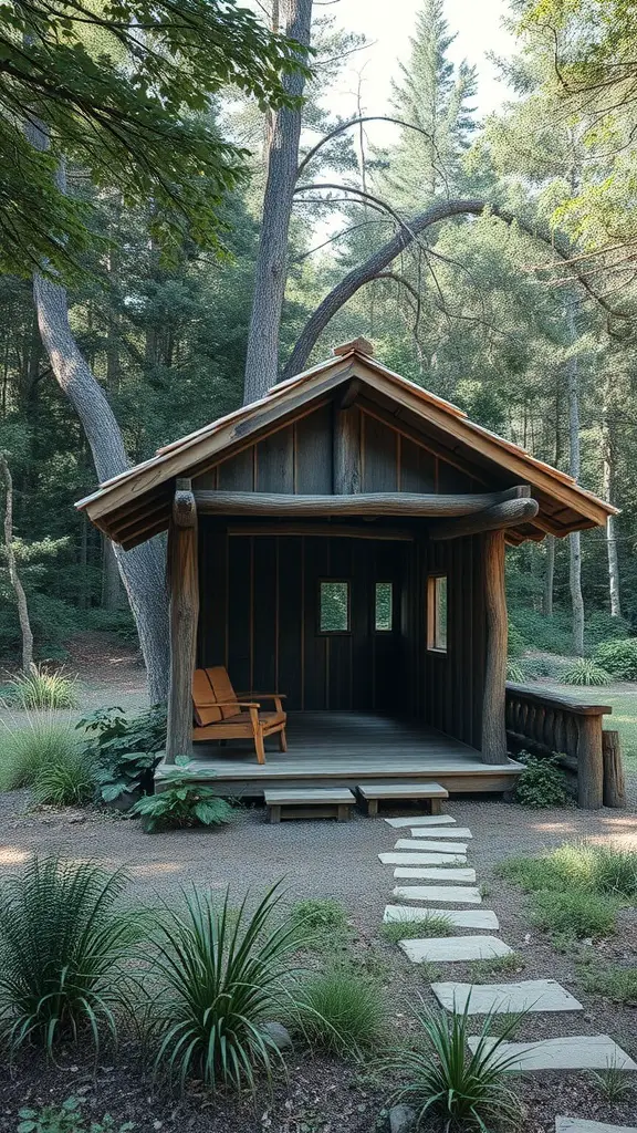 An eco-friendly pavilion made of wood, surrounded by trees and greenery, with a stone pathway leading to it.