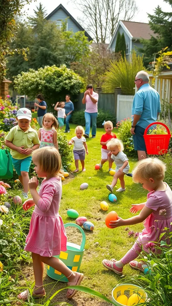 17 Fun Easter Games for Kids and Adults 2 Children searching for colorful eggs in a garden during an Easter egg hunt