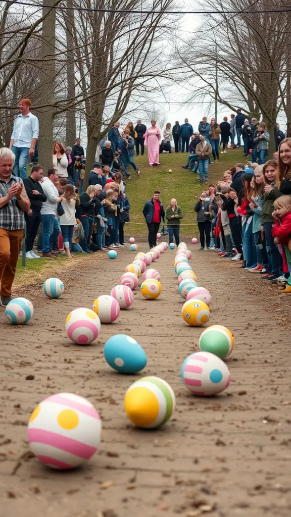 17 Fun Easter Games for Kids and Adults 16 A lively Egg Rolling Contest with colorful eggs rolling down a path, surrounded by spectators cheering on.
