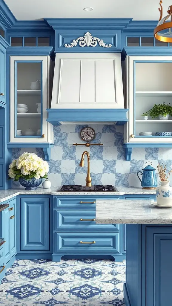 29 Stunning Blue and White Kitchen Ideas 7 A blue and white kitchen featuring blue cabinetry, a white marble countertop, and decorative accents.