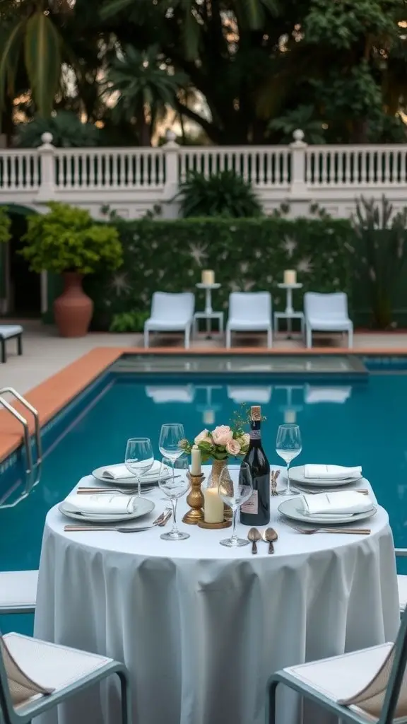 A beautifully arranged dining table by the pool, featuring a white tablecloth, elegant tableware, and a bouquet of pink roses.