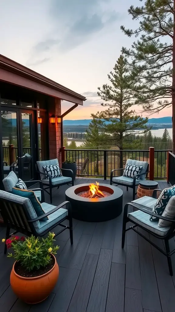 An elevated deck area with a fire pit surrounded by chairs and a view of the outdoors.