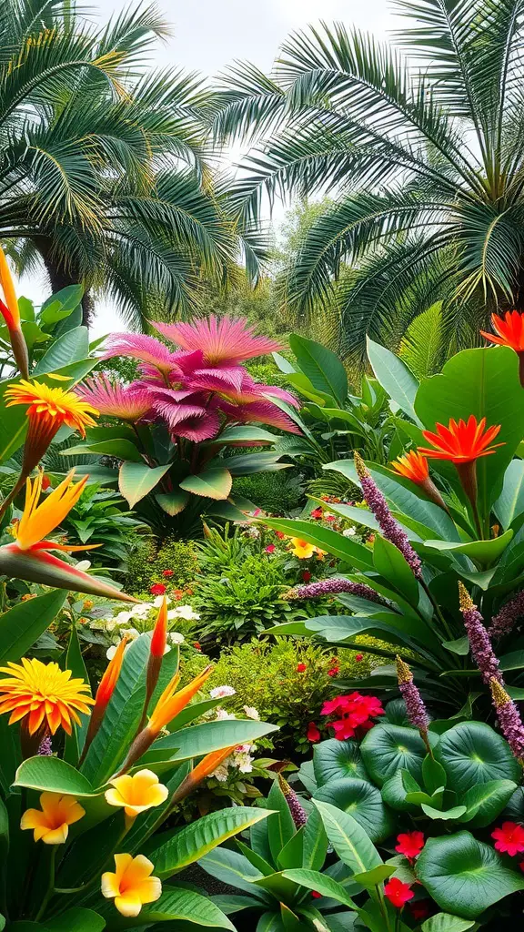 A vibrant tropical garden featuring colorful flowers and lush green foliage.