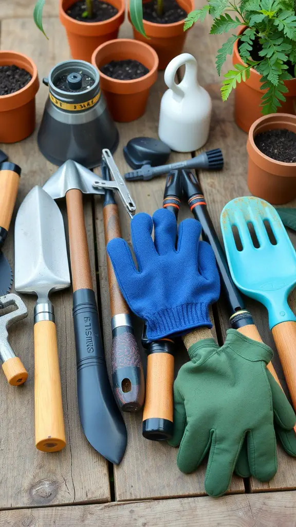 A collection of gardening tools including gloves, a watering can, and various hand tools on a wooden table with potted plants in the background.