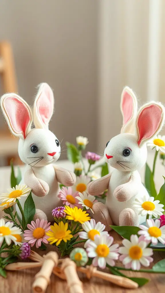 Two fabric bunnies surrounded by colorful flowers