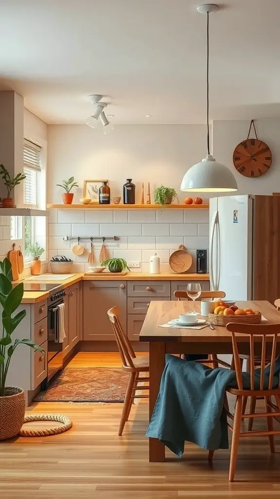 A warm, inviting kitchen featuring a dining table, open shelves, and plants, designed for family gatherings.
