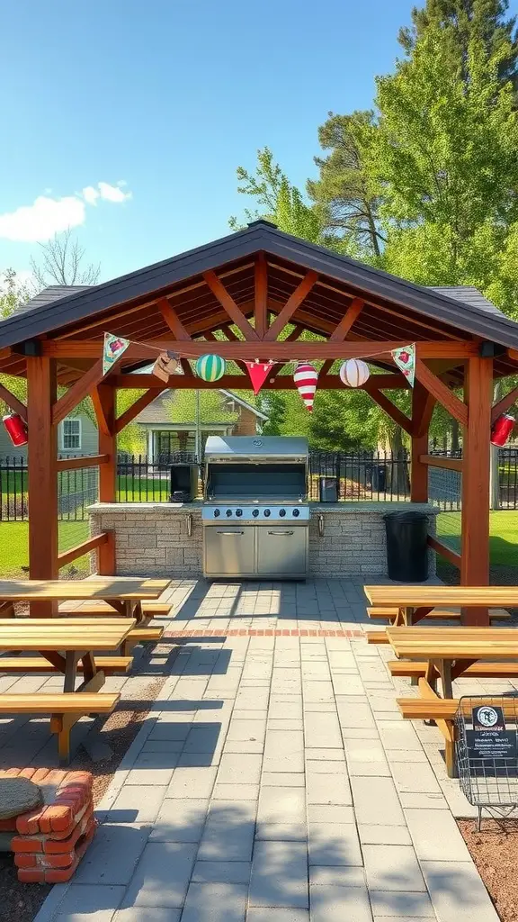 Family-friendly grill gazebo with picnic benches and colorful decorations