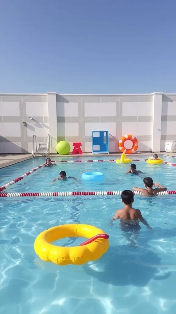 Children swimming in a pool with colorful floats and pool accessories.