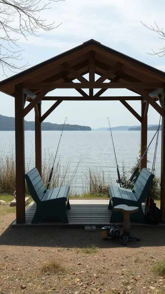 A small wooden pavilion by a lake with two fishing rods and benches.