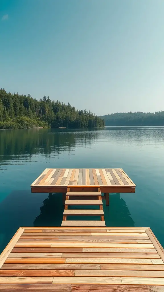 19 Stunning Floating Deck Plans You'll Love 11 A floating wooden deck with steps leading to calm water, surrounded by trees.