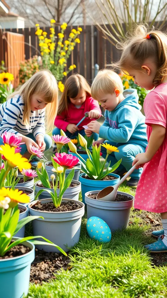 17 Fun Easter Games for Kids and Adults 19 Children planting flowers in pots during an Easter-themed activity