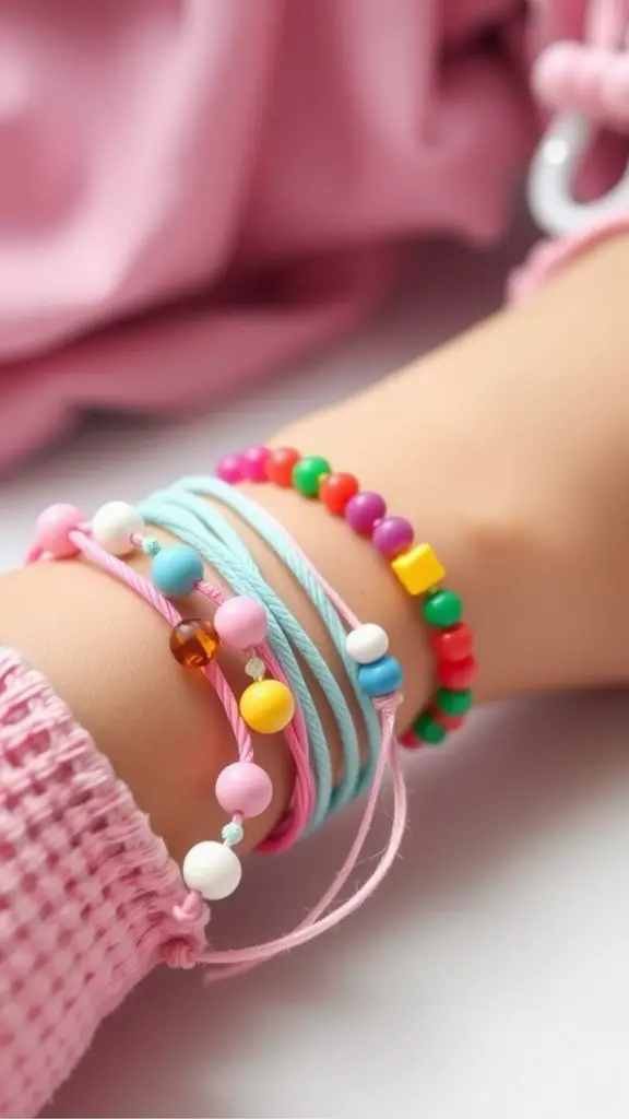 10 Fun Spring Crafts for Kids to Spark Creativity 11 Colorful friendship bracelets in pastel colors on a wrist, set against a pink background.