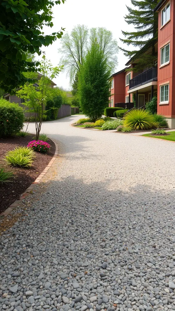 A winding gravel driveway bordered by bricks and surrounded by greenery and flowers.