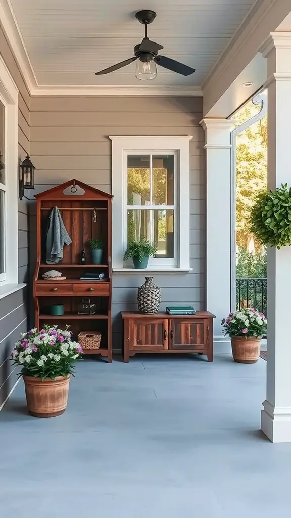 A stylish front porch with storage solutions including a wooden shelf and a bench.