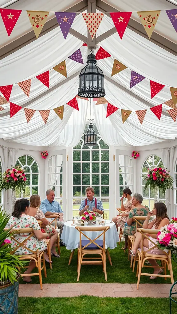 A decorated garden party pavilion with guests seated around a table.