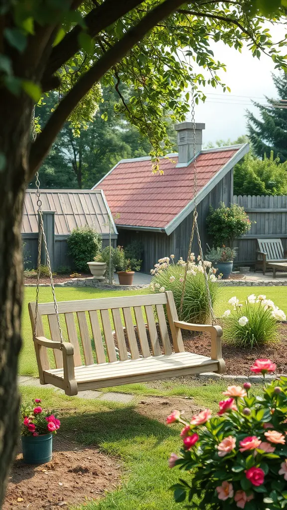 A wooden swing hanging from a tree in a backyard garden, surrounded by flowers and a cozy setting.