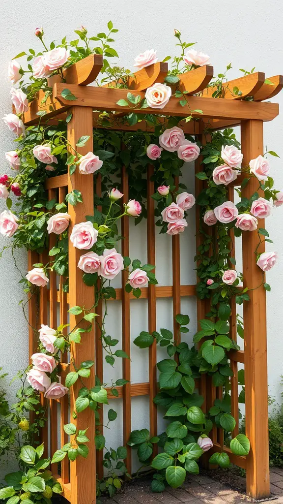 A wooden trellis covered with pink roses in a garden setting.