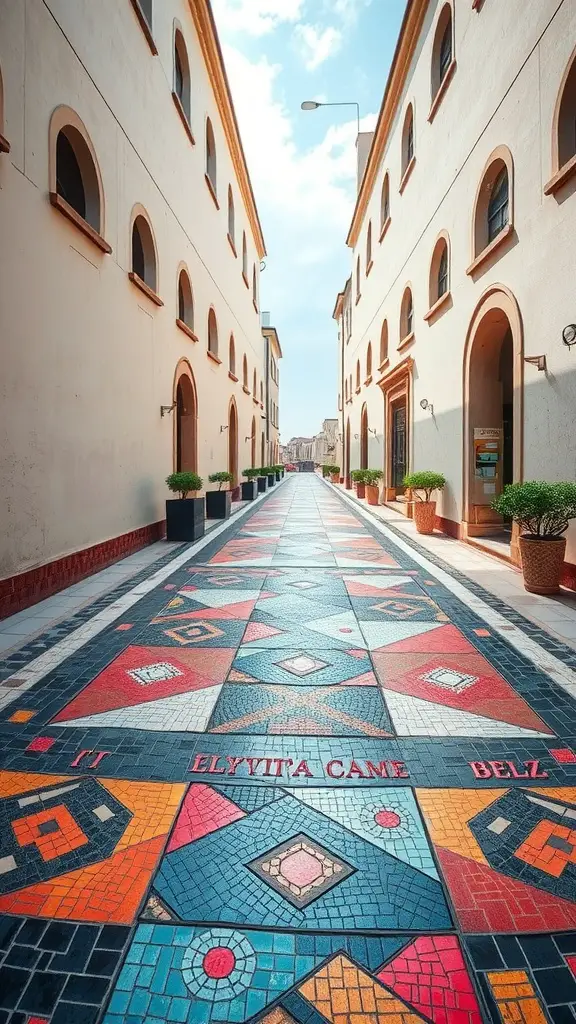 29 Inspiring Mosaic Walkway Ideas for Your Outdoor Space 10 A mosaic walkway featuring geometric patterns made from colored stones