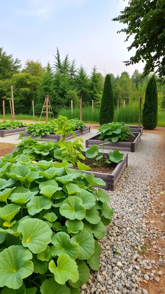 A vegetable garden with raised beds surrounded by gravel borders