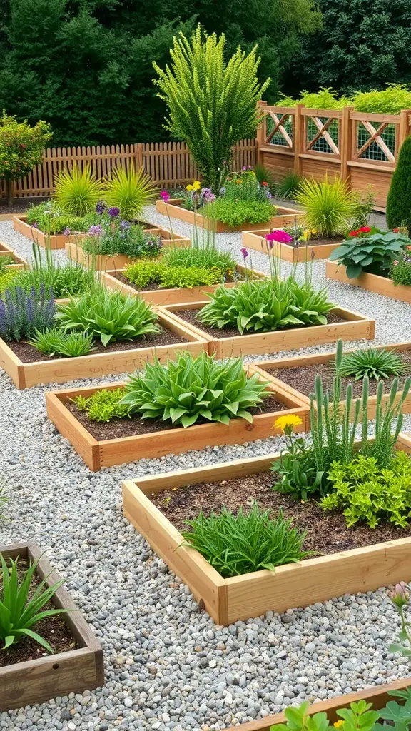 A garden featuring raised wooden beds surrounded by gravel paths and various plants.