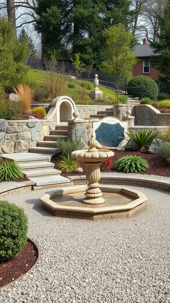 A garden with a stone fountain, gravel paths, and lush greenery.