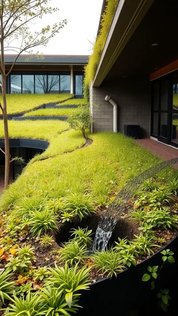 A green roof showcasing lush vegetation and a drainage system managing rainwater.