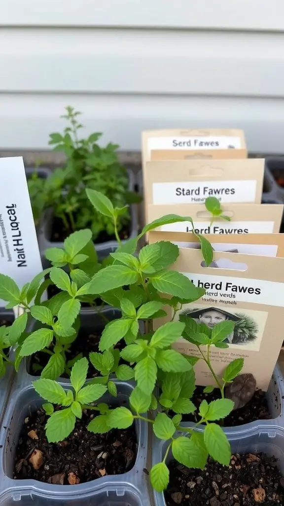 A close-up image of young herb plants in pots with labels, indicating different varieties.