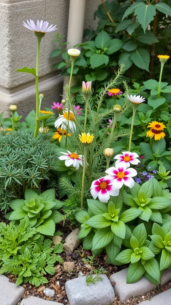 A colorful corner garden featuring a mix of flowering edibles and herbs, showcasing various plants and blooms.