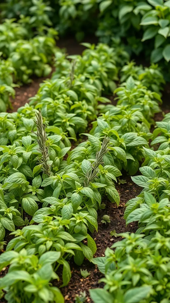 A lush green herb garden with rows of vibrant basil plants.