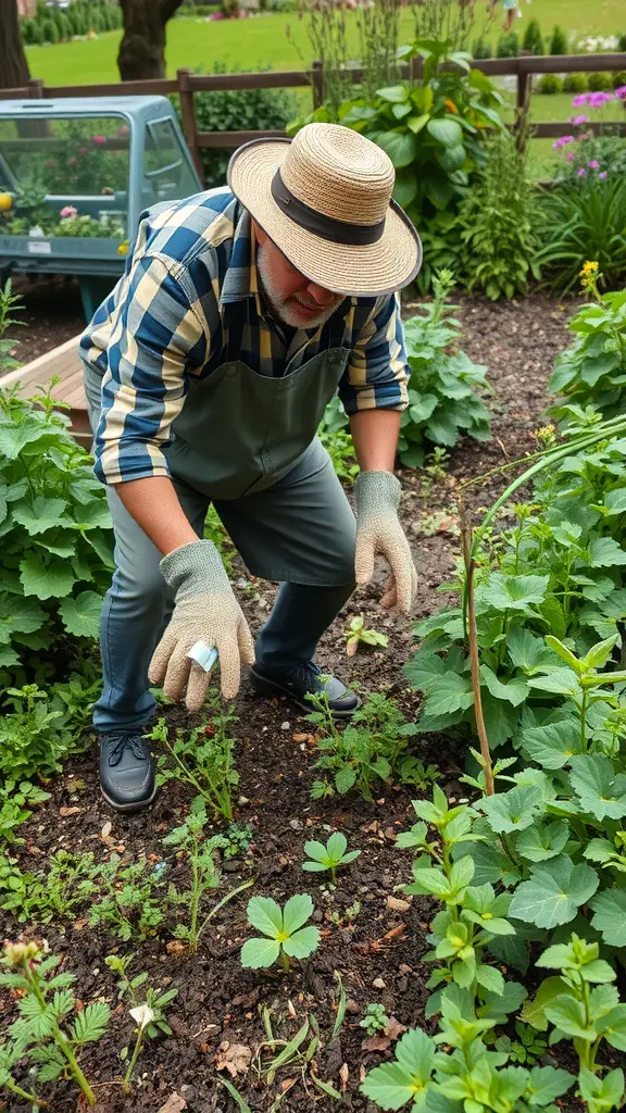 A gardener in a straw hat and gloves tending to a lush herb garden