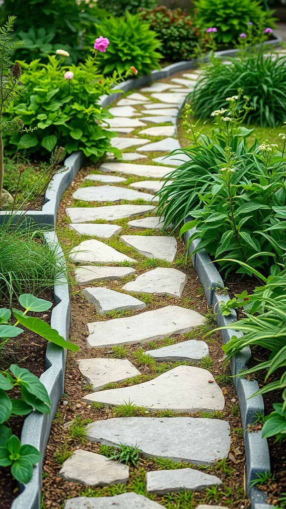 A scenic rock path winding through a lush herb garden filled with various plants and flowers.