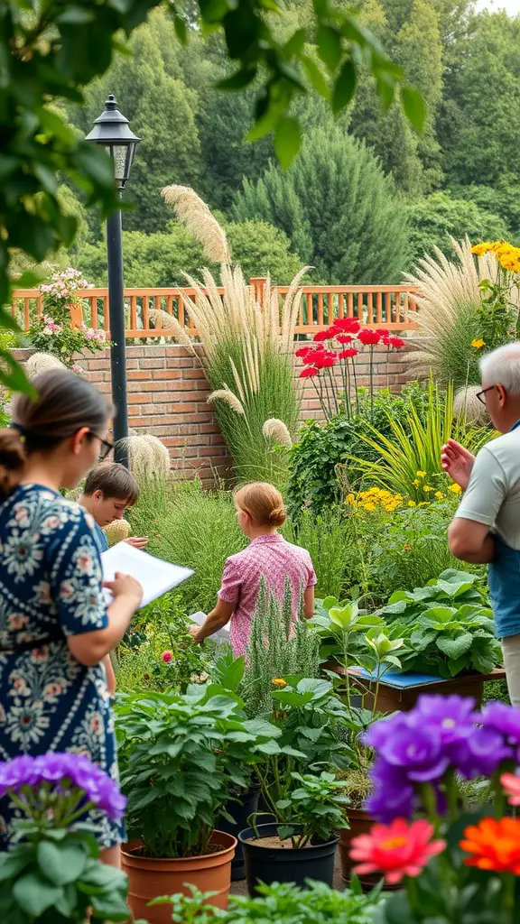 People participating in a herb garden workshop, surrounded by various plants and flowers.