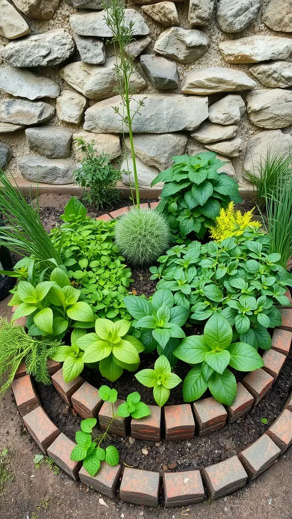 A lush herb spiral garden with various herbs surrounded by a stone wall.