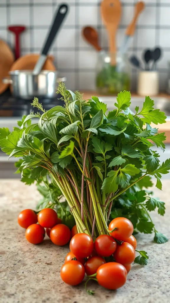 A bunch of fresh herbs and cherry tomatoes on a kitchen counter