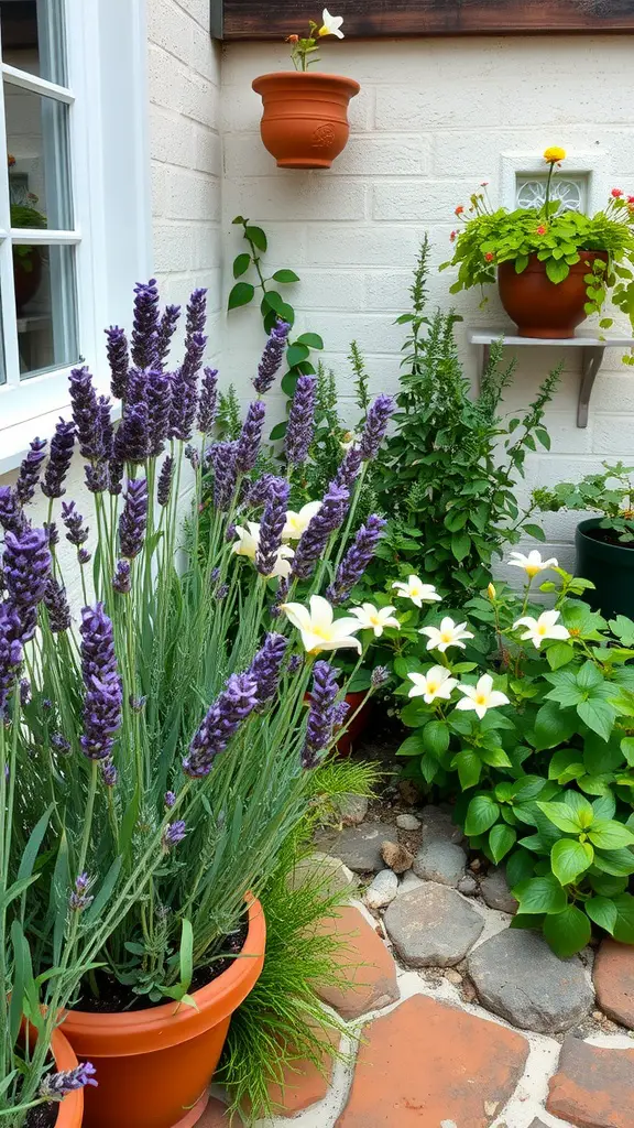 29 Inspiring Small Patio Garden Ideas for Your Outdoor Oasis 23 A small patio garden featuring lavender plants, white flowers, and hanging pots, showcasing a vibrant and aromatic space.