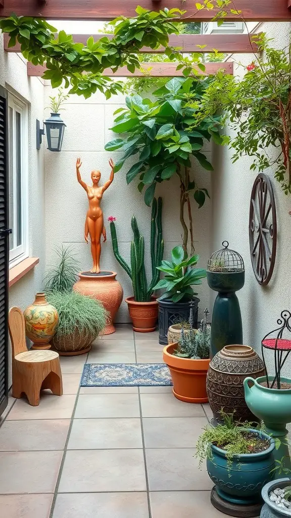 29 Inspiring Small Patio Garden Ideas for Your Outdoor Oasis 16 A small patio garden featuring various potted plants, a sculpture, and decorative elements.