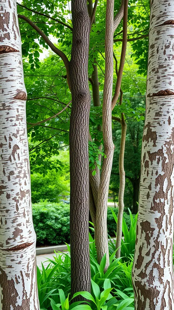 25 Beautiful Shade Garden Design Ideas for Your Outdoor Space 19 Image of colorful bark trees in a lush green setting