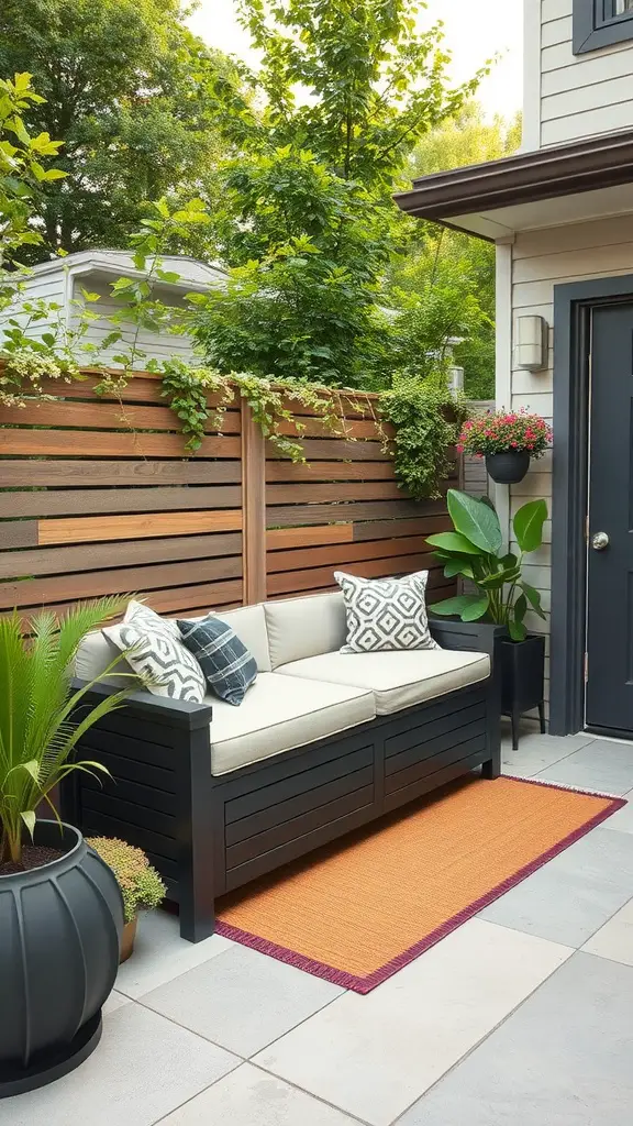 29 Inspiring Small Patio Garden Ideas for Your Outdoor Oasis 21 A small patio garden featuring a storage sofa, potted plants, and a colorful rug.