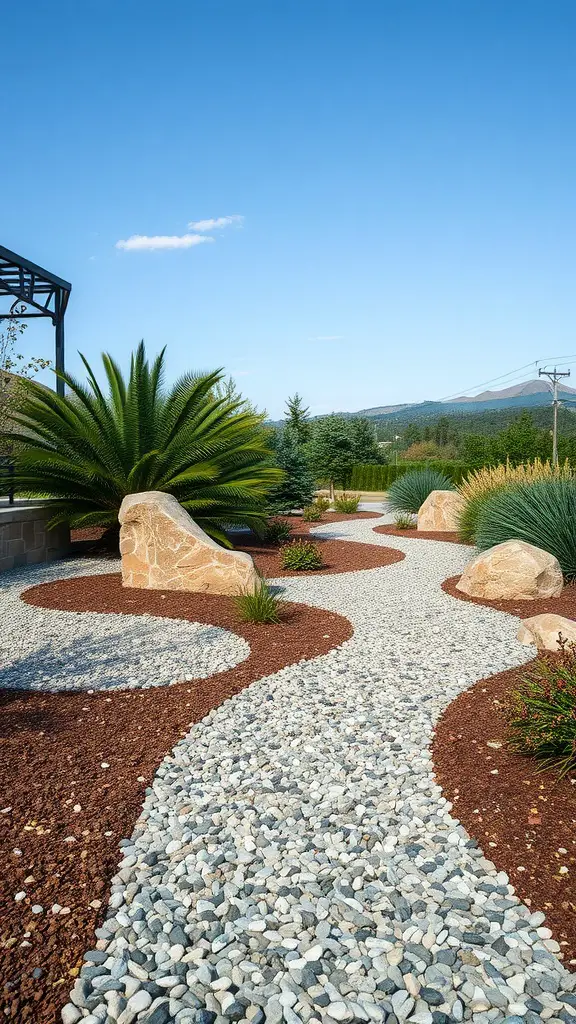 A winding gravel path surrounded by large rocks and drought-resistant plants under a clear blue sky.