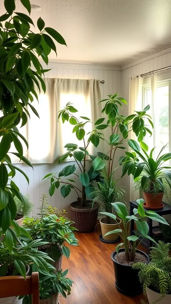 13 Stylish Singlewide Mobile Home Ideas for a Cozy Retreat 12 Indoor plants in a bright room with windows, creating a fresh atmosphere.