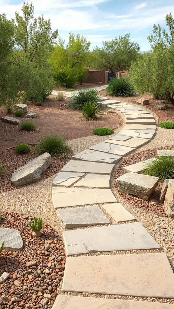 A winding stone pathway in a drought-tolerant landscape with native plants and decorative stones.