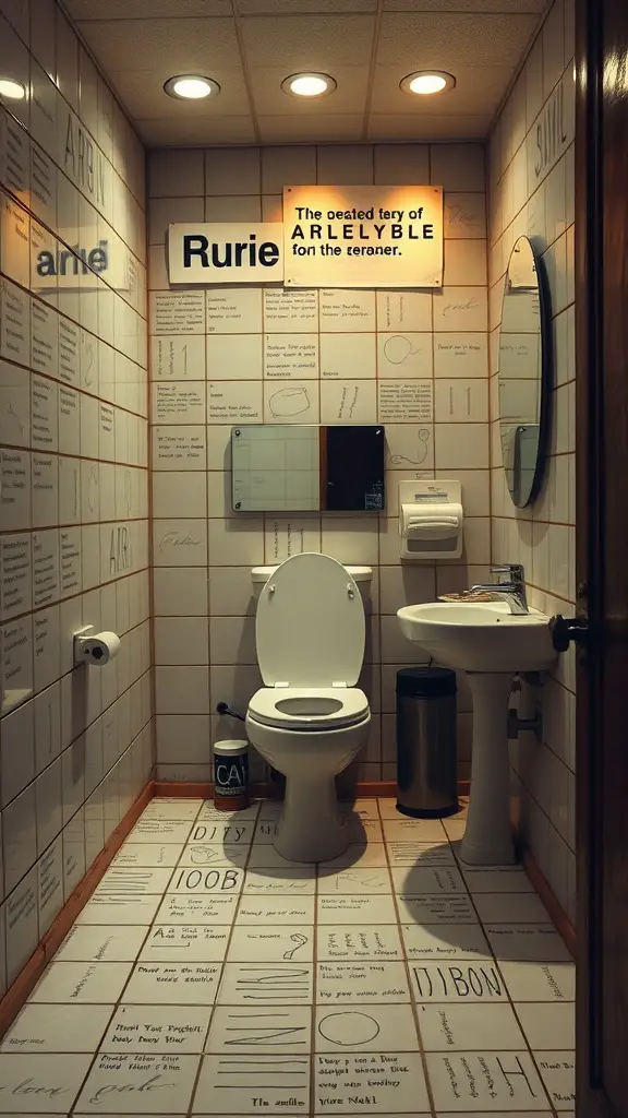 25 Genius Ideas for Maximizing Small Toilet Rooms 5 A small toilet room featuring a circular mirror above a sink, with tiled walls and overhead lighting.