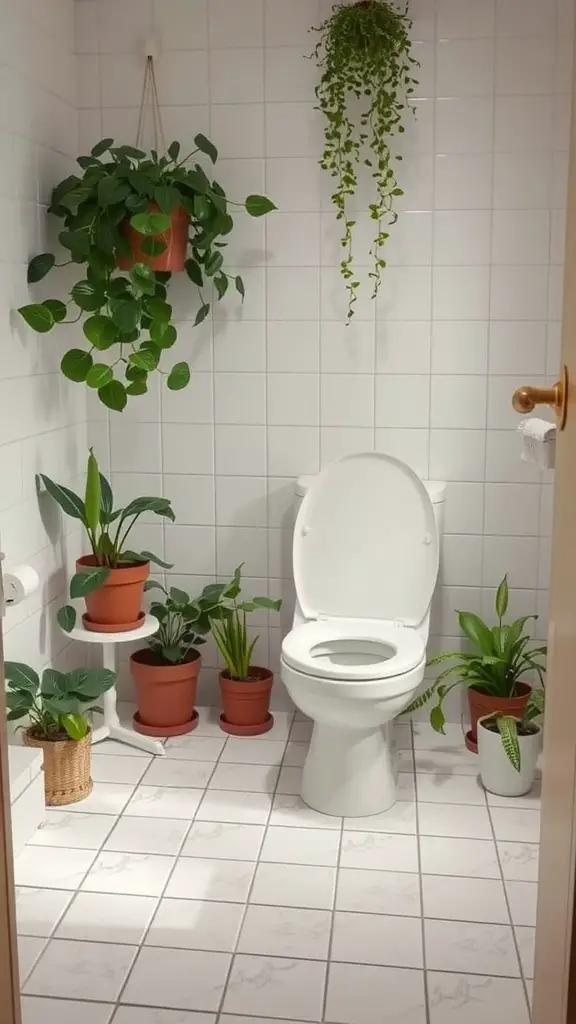 25 Genius Ideas for Maximizing Small Toilet Rooms 14 A small toilet room with white tiles and several potted plants, including hanging plants, creating a fresh and inviting atmosphere.
