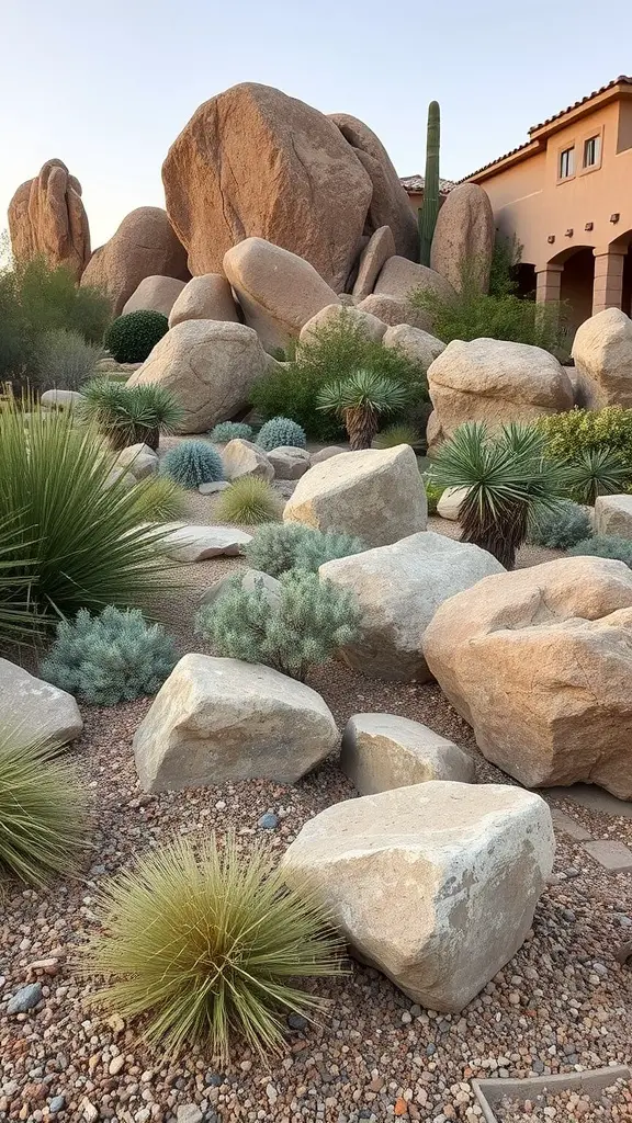 Desert backyard featuring large boulders, various plants, and a natural landscape design.