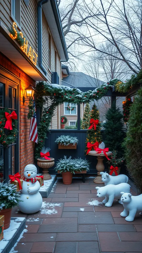 29 Inspiring Small Patio Garden Ideas for Your Outdoor Oasis 33 A cozy patio decorated for winter with a snowman, white bear statues, festive bows, and greenery.