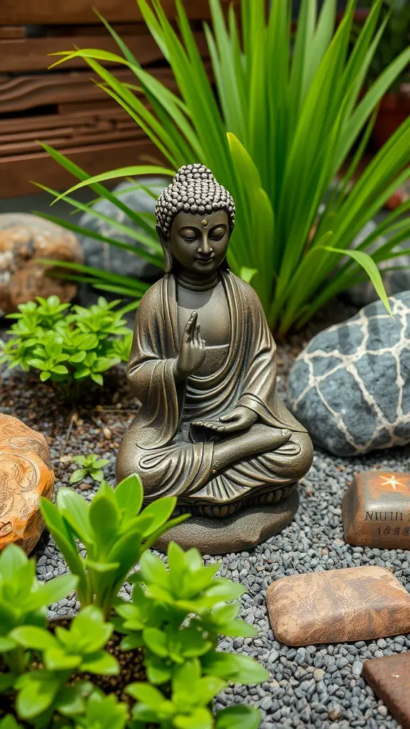 A serene Buddha statue surrounded by green plants and decorative stones in a zen garden.