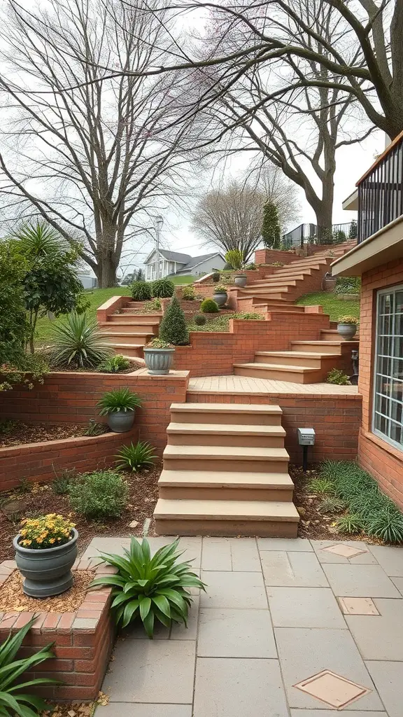 21 Creative Ideas for Designing a Sloped Backyard 23 A view of a sloped backyard with multiple steps and terraces, featuring lush greenery and decorative plants.