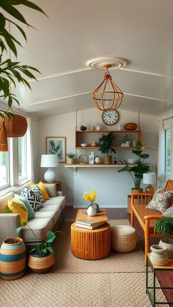 13 Stylish Singlewide Mobile Home Ideas for a Cozy Retreat 7 A cozy living room in a singlewide mobile home featuring sustainable decor elements like a comfortable sofa, wooden furniture, plants, and natural materials.