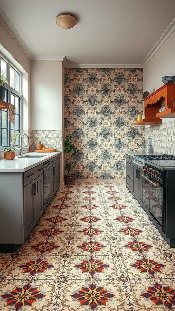 21 Stunning Kitchen Floor Ideas to Transform Your Space 17 A modern kitchen featuring vintage patterned tiles on the floor, with a sleek design and warm color palette.